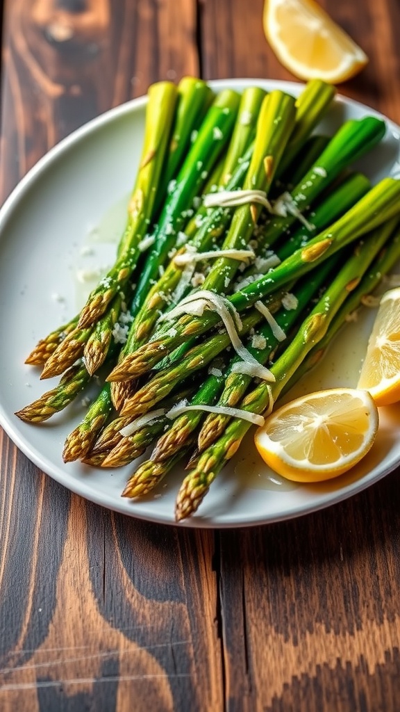 Roasted asparagus with garlic butter and Parmesan cheese on a rustic table.
